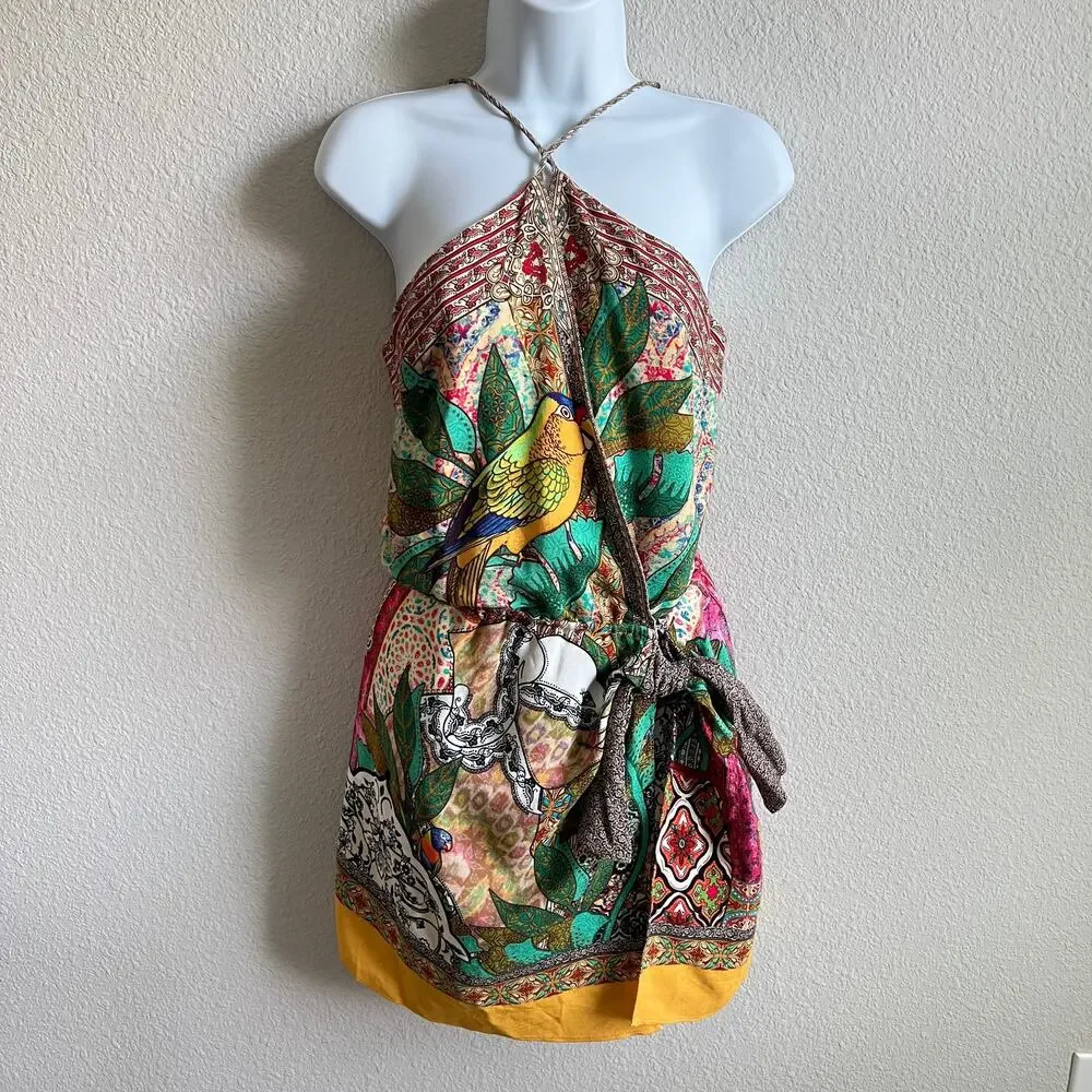 Farm Rio Gayatri Halter Mini Wrap Dress Women's XS Bird Bright Statement Art - Picture 2 of 11